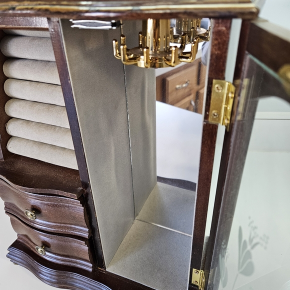 VINTAGE Wood Armoire Jewelry Box Double Etched Flower Glass Doors - Picture 6 of 11